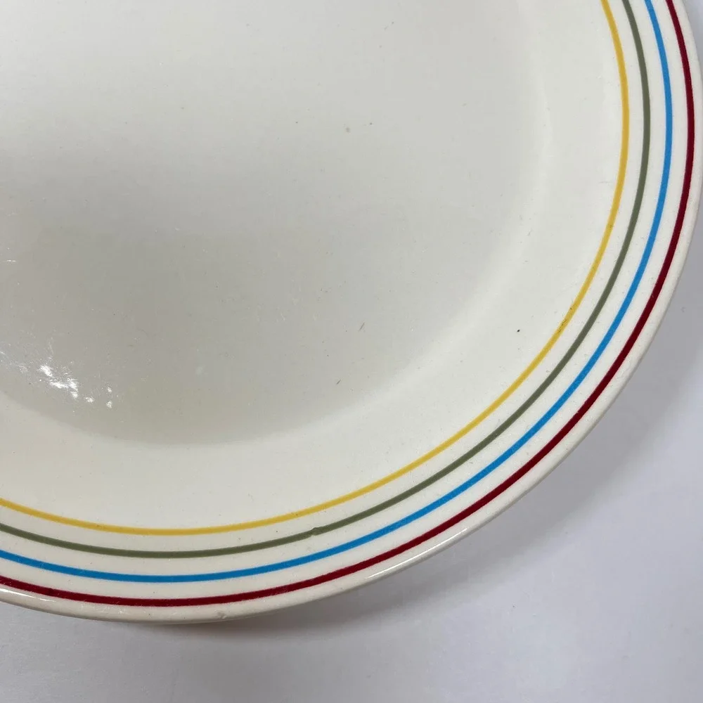 Royal China Aurora Dinner Plate White Red Yellow Blue Stripes Vintage MCM 10in